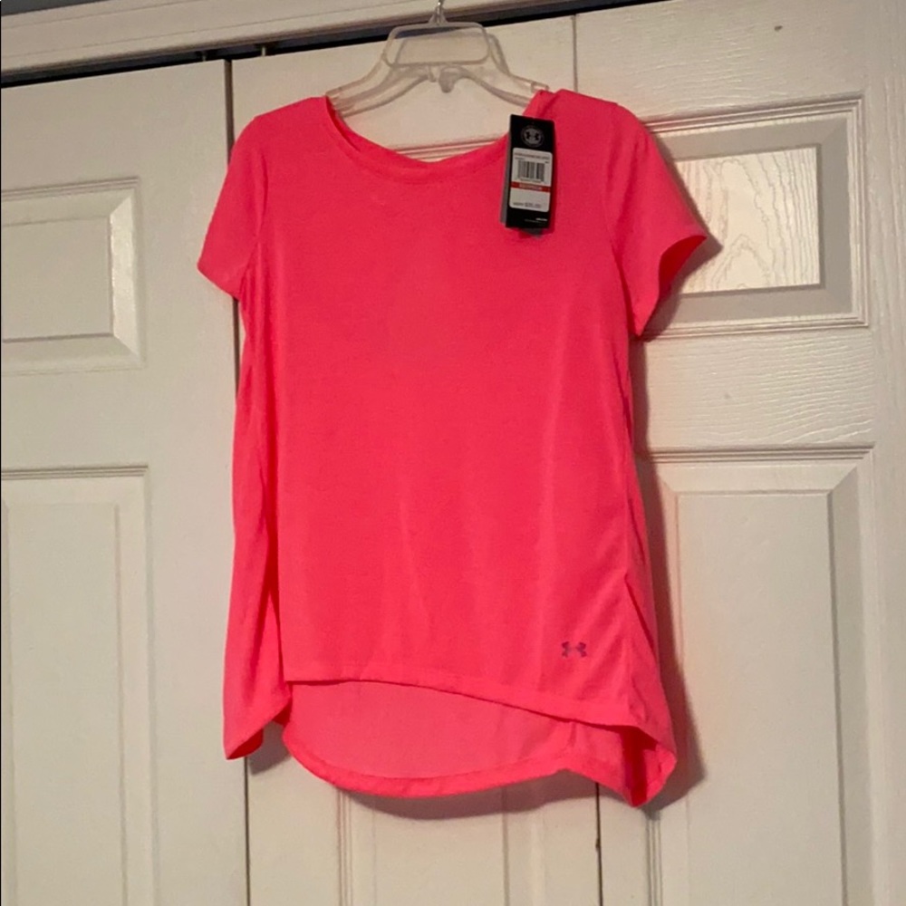 neon pink under armour shirt w/ open back design